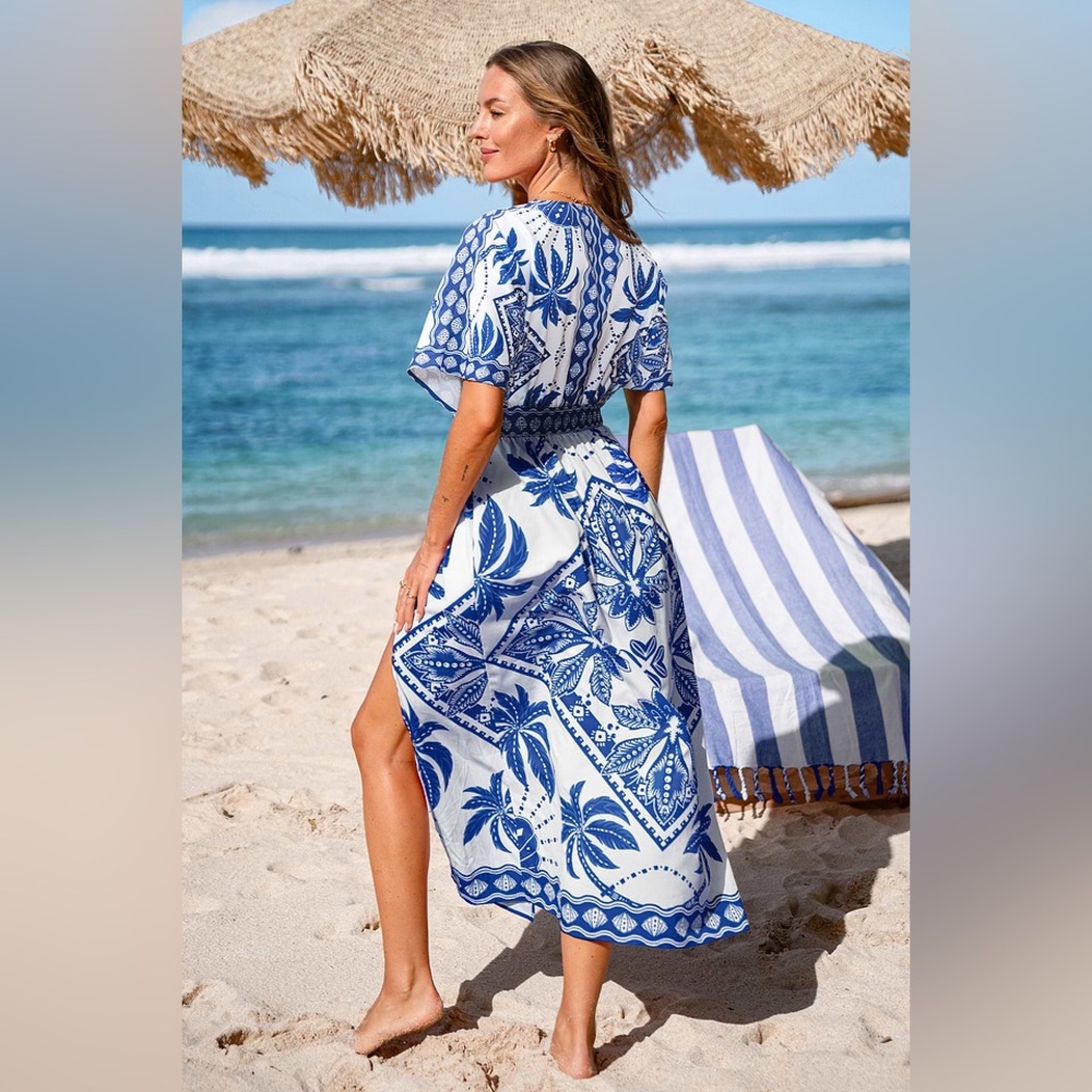 Cupshe Blue and White Floral V‑Neck Swim Coverup Maxi - Picture 2 of 10